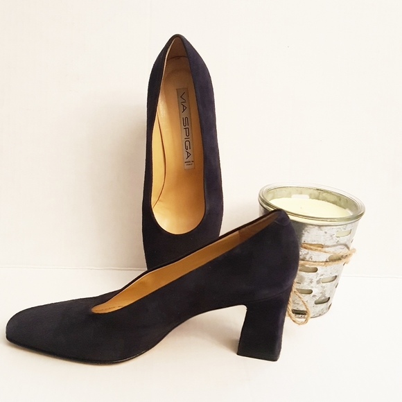 Via Spiga Shoes - VIA SPIGA Navy Blue Suede Block Heeled Shoes